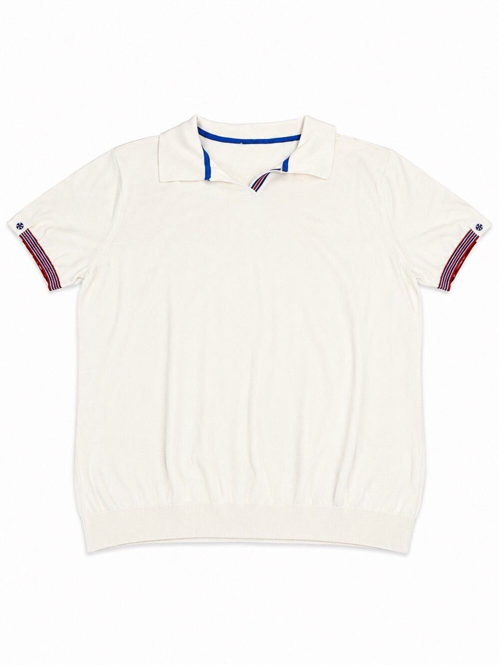 Women’s Large Cream Knit Polo Shirt Red White Blue Trim Short Sleeve